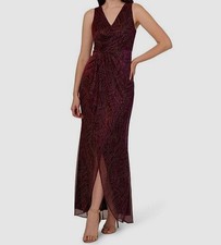 Adrianna by Adrianna Papell Women's Red Faux Wrap Metallic Gown Dress Size 14