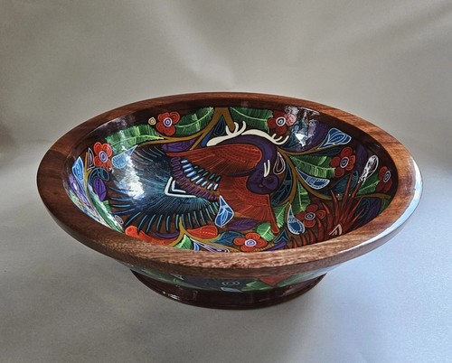 Nuevo Vallarta Mexican Folk Art Peacock Bird Hand Painted Wooden Bowl Signed 12" - Picture 13 of 17