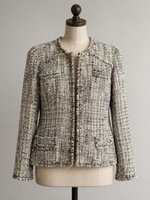 Chico s Tweed Boucl Jacket Frayed Trim Zip Front Neutral Size 3.