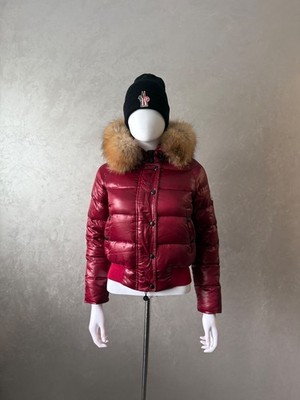 Moncler Glossy Puffer Bomber Jacket With Real Fur Hood Wine Size 0 XS