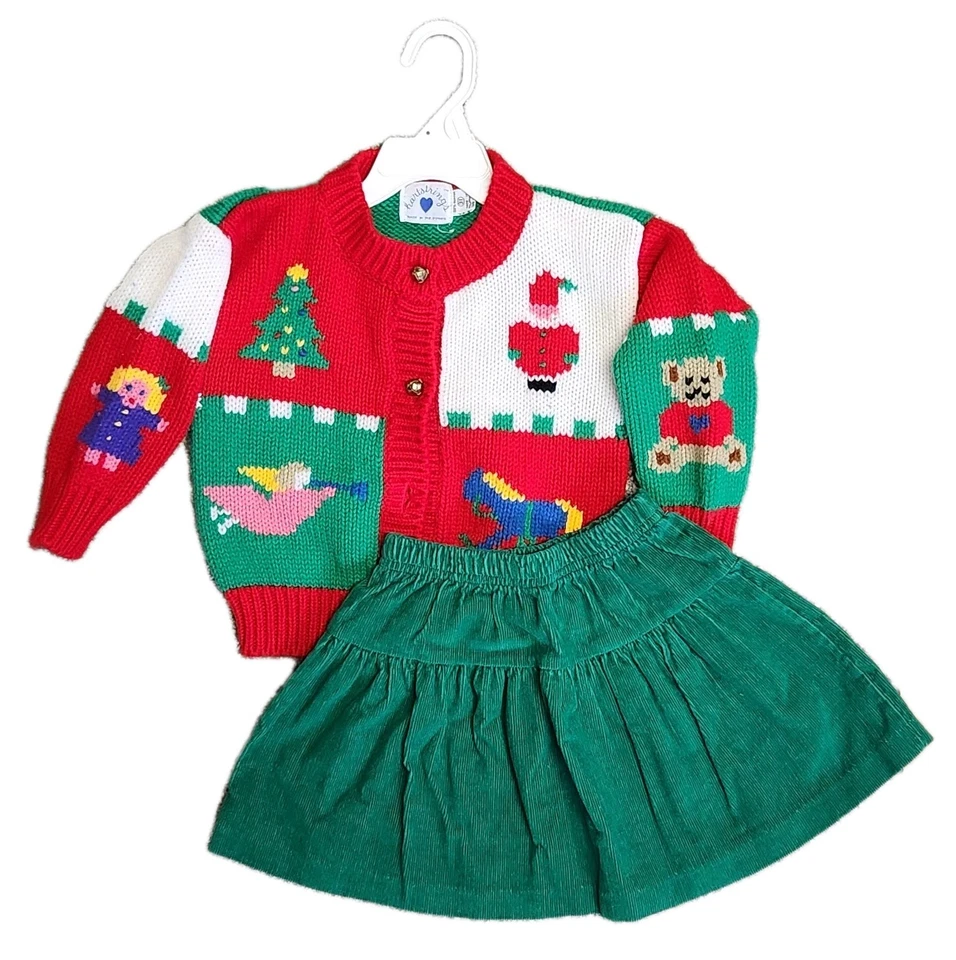 Cárdigan tejido Hartstrings vintage Navidad suéter falda conjunto 3T festivo años 90 Foto 2 de 4