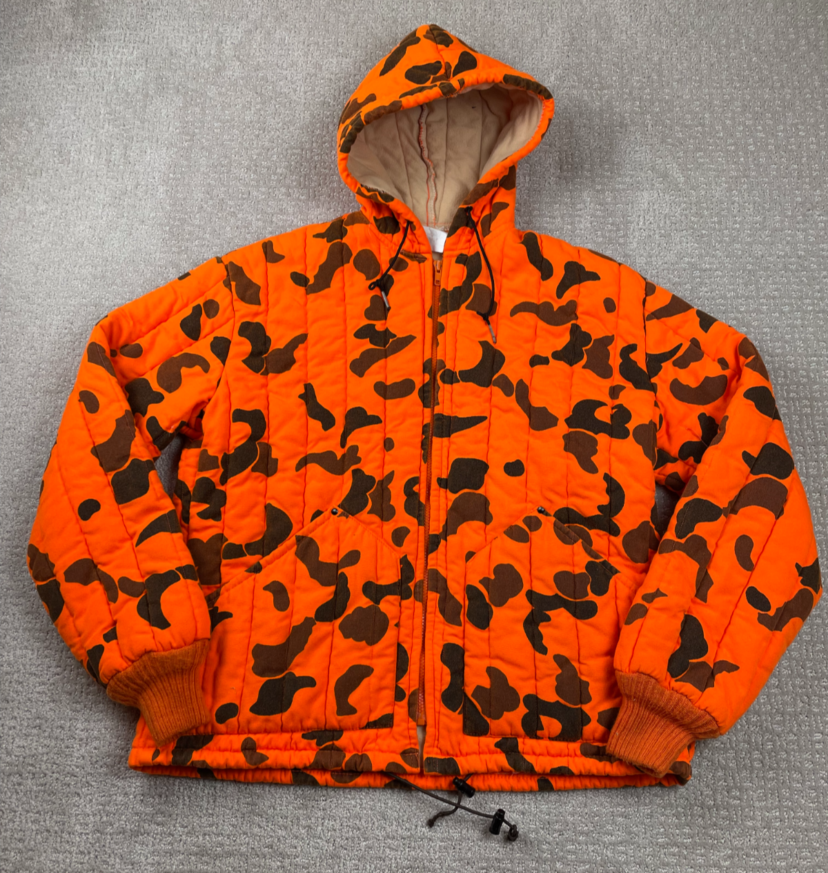Vintage Refrigiwear Jacket Mens L Blaze Orange Duck Camo Insulated Hood Hunt USA