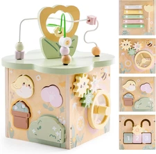 Wooden Activity Cube, Educational Wooden Toys with 7 Functional Areas, Montessor