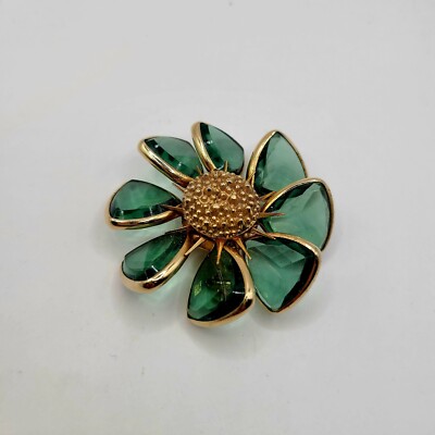 Vtg Goldtone Green Faceted Glass Pistil Center Flower Pin Brooch Unsigned 2''