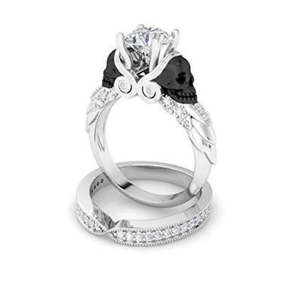 Gothic Two Skull Punk Ring 2.15 ct Black Round Cut CZ Engagement Ring Set 925 Sterling Silver