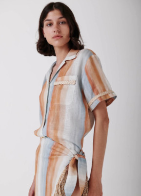 AMOTEA Coral & Teal Stripe Linen, Open Collar Shirt - M