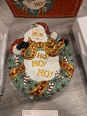 2003 Fitz Floyd Dillard's Santa Wreath Canape Plate Ho Ho Christmas Cookie Candy