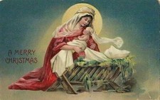 Christmas Postcard Mary and Baby Jesus in a Cradle 