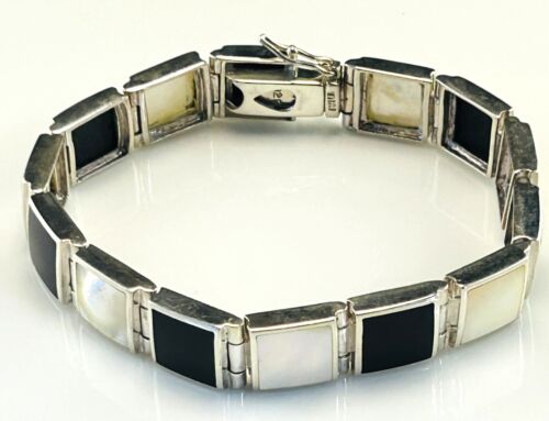 STERLING SILVER BLACK ONYX & MOTHER OF PEARL LINK BRACELET WITH SAFETY CLASP 925