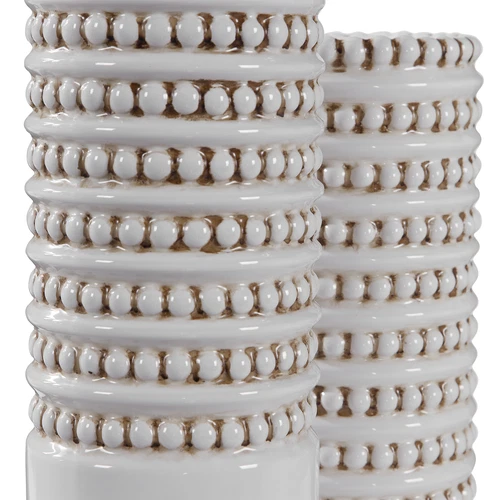 MidCentury Modern Beaded Aged White Vase Set 2 Taupe Ribbed Retro Tall Cylinder - Picture 3 of 3