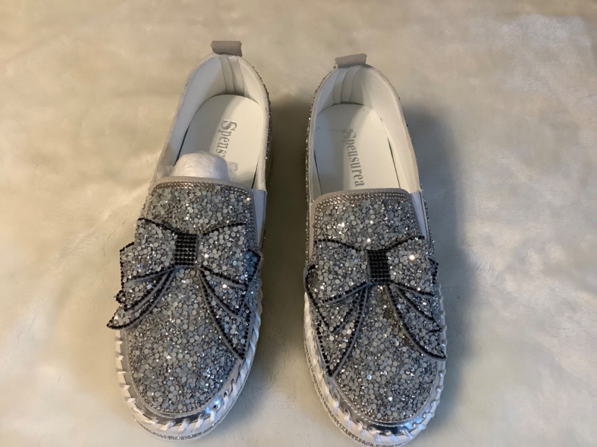 Sparkle Rhinestone Platform Glitter Slip On Sneakers with Bow