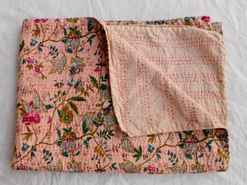 Indian Kantha Quilt Pink Handmade Bedspread Bedding Throw Cotton Floral Blanket