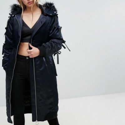 Lost Ink Satin Faux Fur Midi Zip Up Parka Coat Black Size Small NEW