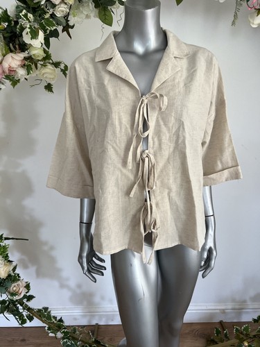 Camicia blusa Influence taglia 10 e 22 beige cotone lino cravatta davanti giacca MA101 - Foto 12 di 18