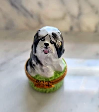 GR Limoges Peint Main Porcelain Limoges Bearded Collie Dog Trinket Box