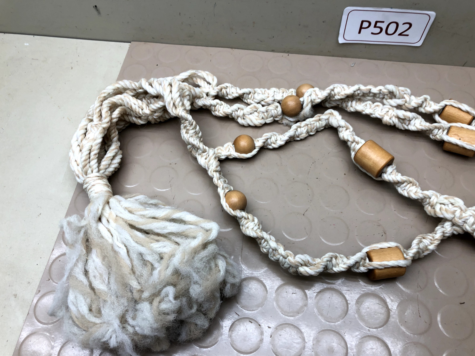 Vintage MCM White Macrame Plant Hanger w/ Wood Beads