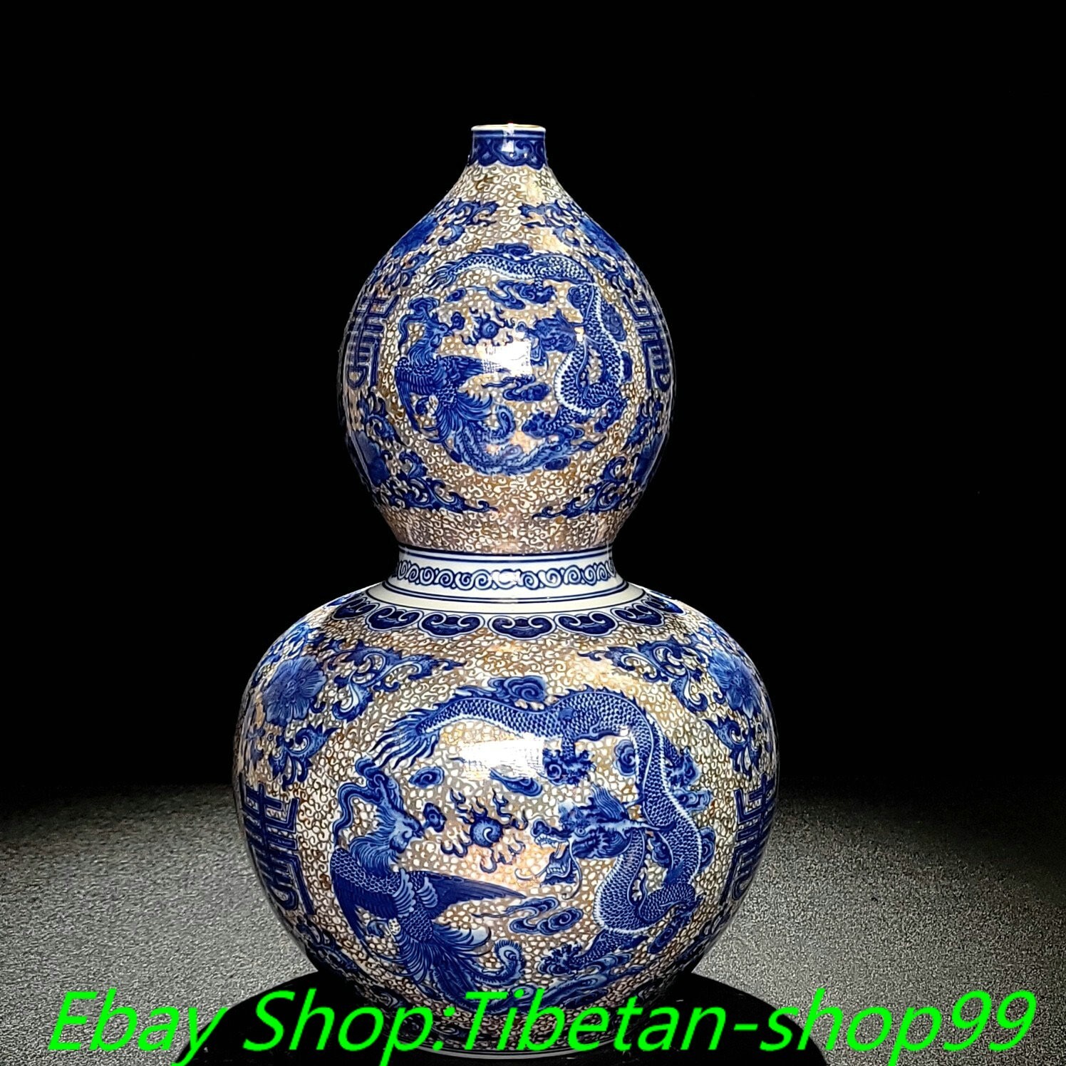 14'' Qianlong Marked Blue White Porcelain Dragon Phoenix Gourd Bottle Vase