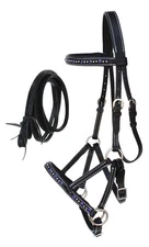 Horse Western Leather Beaded Bitless Sidepull Bridle Reins Rhinestone