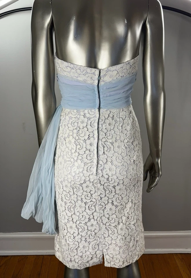 VTG Ferman O’ Grady White Lace & Blue Chiffon Wiggle Dress w/ Bolero - Image 3 of 4