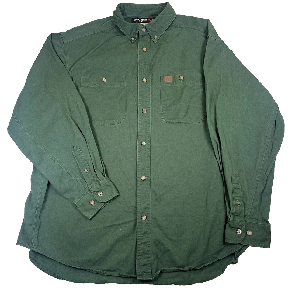 Camisa de trabajo Wrangler Riggs con botones para hombre 2XL verde sarga leñador manga larga Foto 2 de 4
