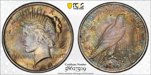 MS65 1923 $1 Peace Silver Dollar PCGS Trueview- BEAUTIFUL *Rainbow Toned* LUSTER - Picture 2 of 15