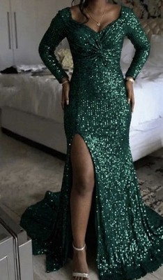 Damen Abendkleid Grün L, Lang, Schlitz, Rückenfrei Mit Ärmeln
