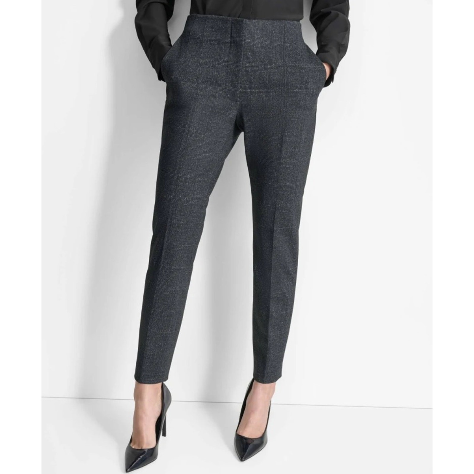 DKNY Women Charcoal Plaid The Gramercy High-Rise Slim Ankle Trousers Size 14