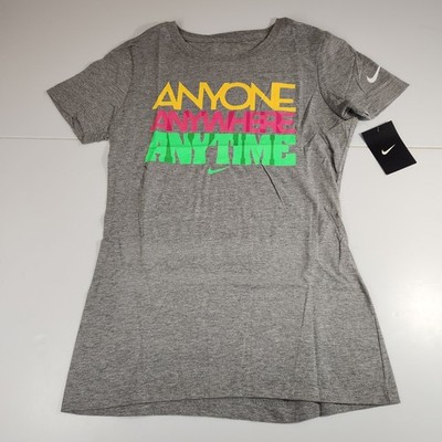 Nike Women's Slim Fit Medium Heather Gray T-Shirt Anyone Anywhere Anytime New