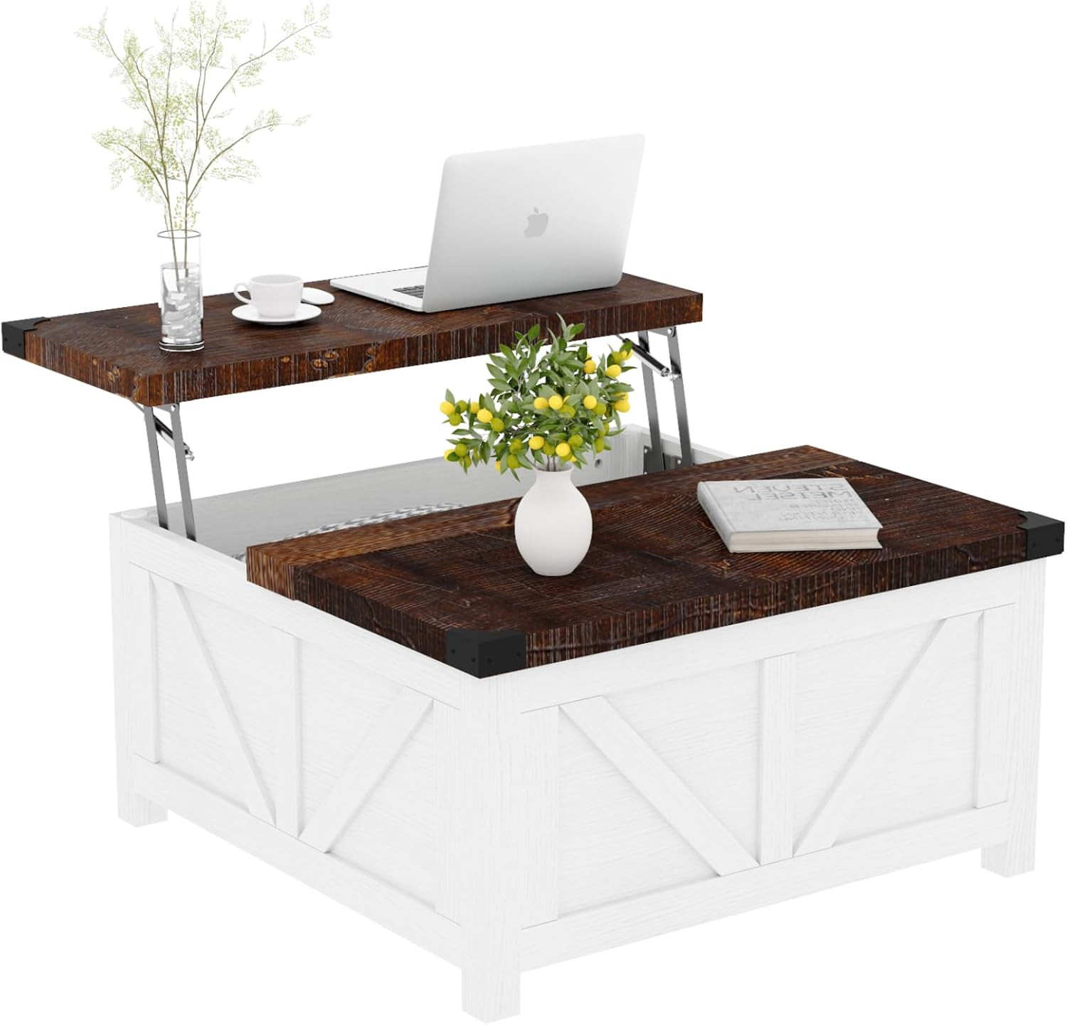 Farmhouse Lift Top Coffee Table with Storage, Wood Square Center Table with Char