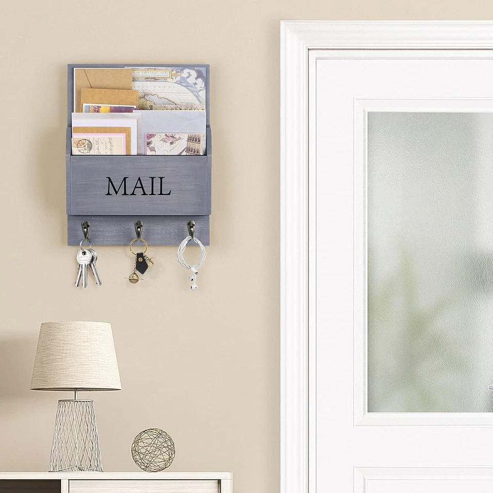 Rustic Mail Organizer with Key Holder, Gray - Image 4 of 4