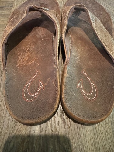 Olukai Men Sandals Nui Sz 9 Leather Flip Flop Brown EUC - Picture 4 of 8