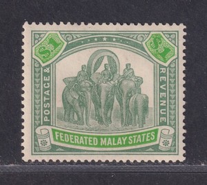Malaya Scott 73 VF MNH 1926 $1 Green Elephants Crown/Script CA SCV $24