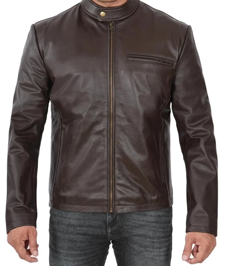 Men's Brown Genuine lambskin Leather Cafe Racer Jacket Zipup coat Size Large