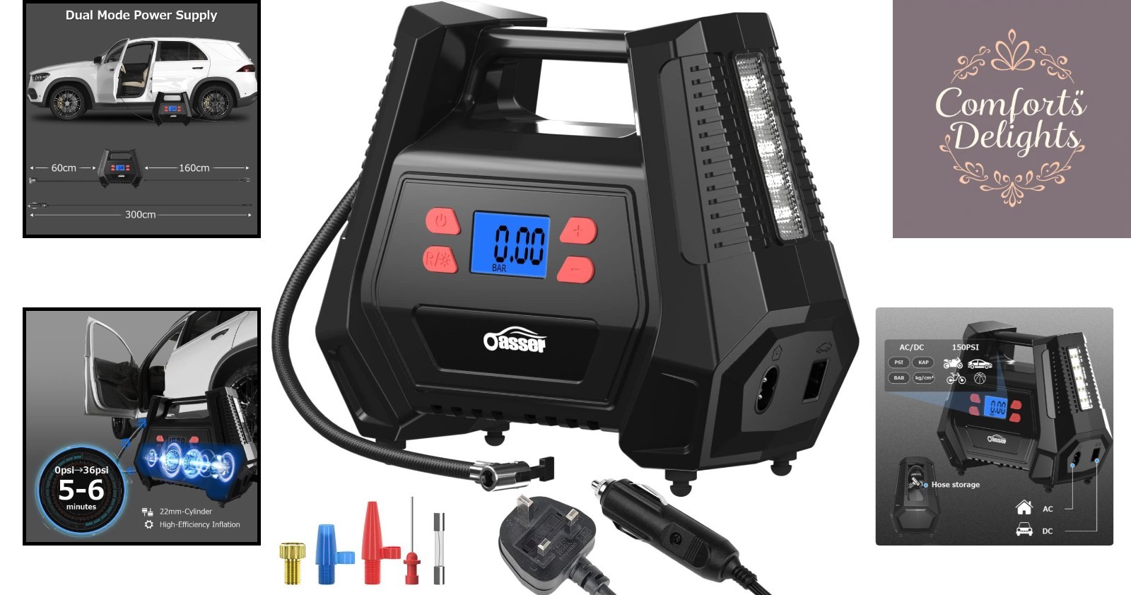 Compressore Aria Gonfiatore Pneumatici 150 Psi - 12V Ac/dc con Luce LED e 5 Ugelli - Miniatura 2