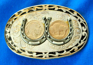 SILVER TONED LUCKLY HORSE SHOES WITH 2 BUFFALO BUFFALO NICKLES OVAL BELT BUCKLE