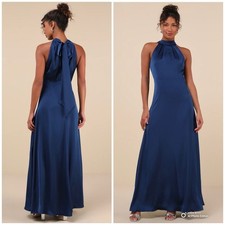 Lulus Medium Regal Loveliness Blue Satin Pleated Mock Neck Maxi Dress NWOT FLAW