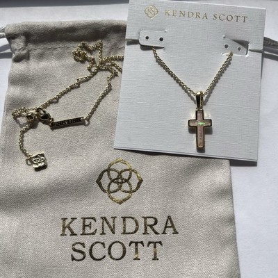  Kendra Scott Cross Gold Pendant Necklace in White Kyocera Opal New   ️