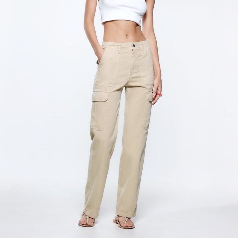 Zara High Rise Straight Fit Cargo Trousers Cotton Tan Beige 4 Gorpcore Utility