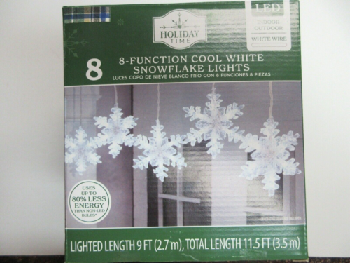 HOLIDAY TIME LED 8PC 8-FUNCTION COOL WHITE SNOWFLAKES LIGHTS - NEW
