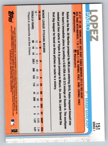 2019 Topps #151 Pablo Lopez Miami Marlins Rookie - Picture 2 of 2