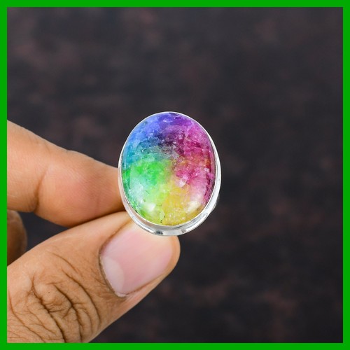 Natürlicher Regenbogen Solar Quarz Druzy Multi Stein Ethno Ring 925 Sterling Silber - Bild 4 von 7