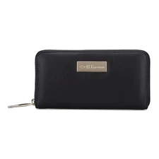 UScarmen  Zip Around Calfskin Leather Wallet RFID BLACK Women's