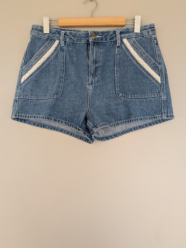 DOTTI Womens Denim Shorts Sz 14 Blue Cotton Lace Detail High Rise Zip Fly Boho