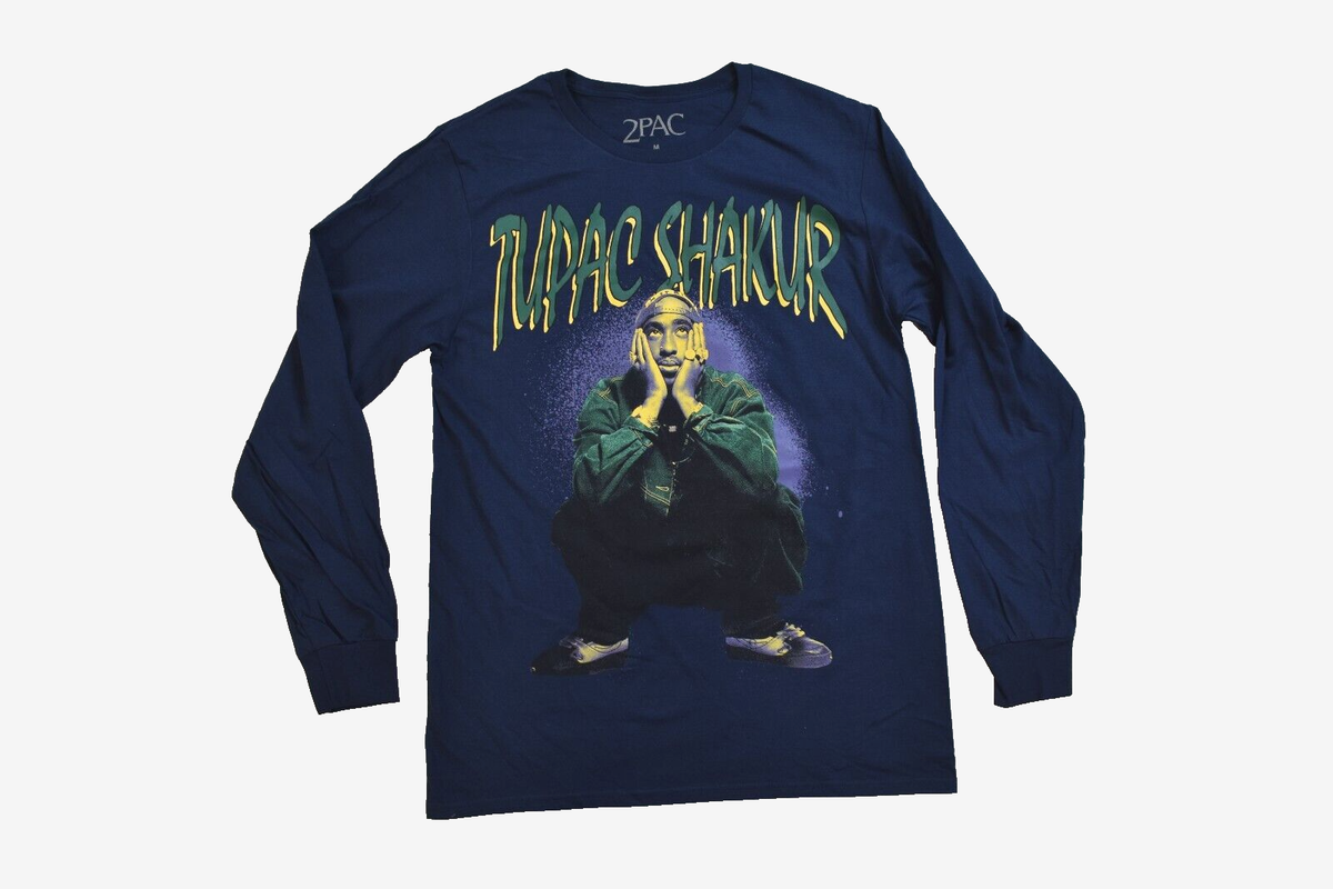 2Pac Mens Tupac Shakur Portrait Long Sleeve Navy Blue Shirt 2Pac Mens Tupac Shakur Portrait Long Sleeve Navy Blue Shirt
