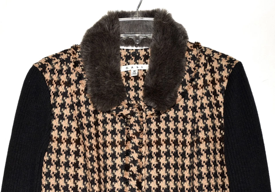 CAbi Tan Black Check Removable Faux Fur Collar Fringe Trim Womens Jacket Size 12 - Image 2 of 4