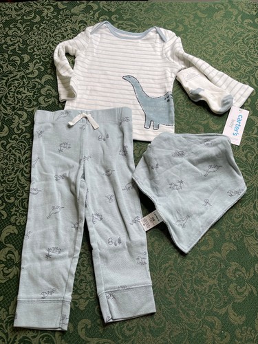 NWT 12m o 9m dinosaurs outfit bib shirt pants socks carters striped layette boys - Picture 2 of 9