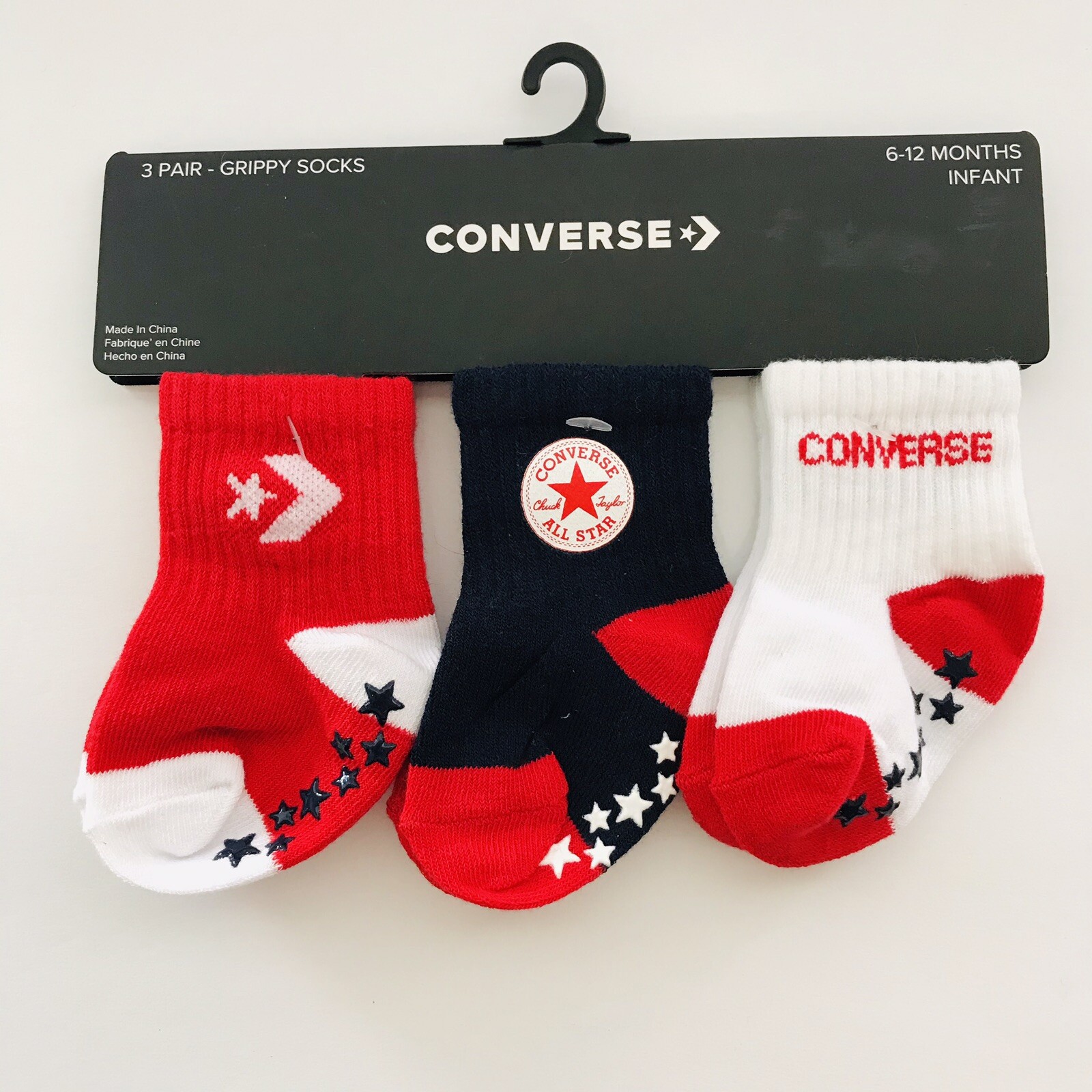 PONY Set Calze Converse Bambino Rosso Bianco Blu Colore Blocco Tacco Cotone Grippy 6 12 MO