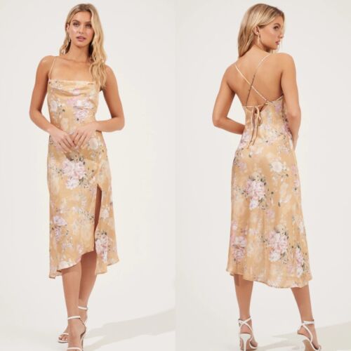 NEU ASTR The Label GAIA Satin SENF BLUMEN Wasserfallausschnitt Midi Schlupf KLEID XS - Bild 3 von 19