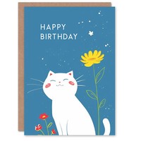 Weiß Süß LäChelnd Kawaii KäTzchen Blumen Karte Mit Katzenmotiv Geburtstagskarte