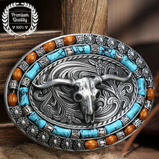 OVAL BULL Belt Buckle Metal Zinc Alloy Vintage Pewter Men Retro Western Premium